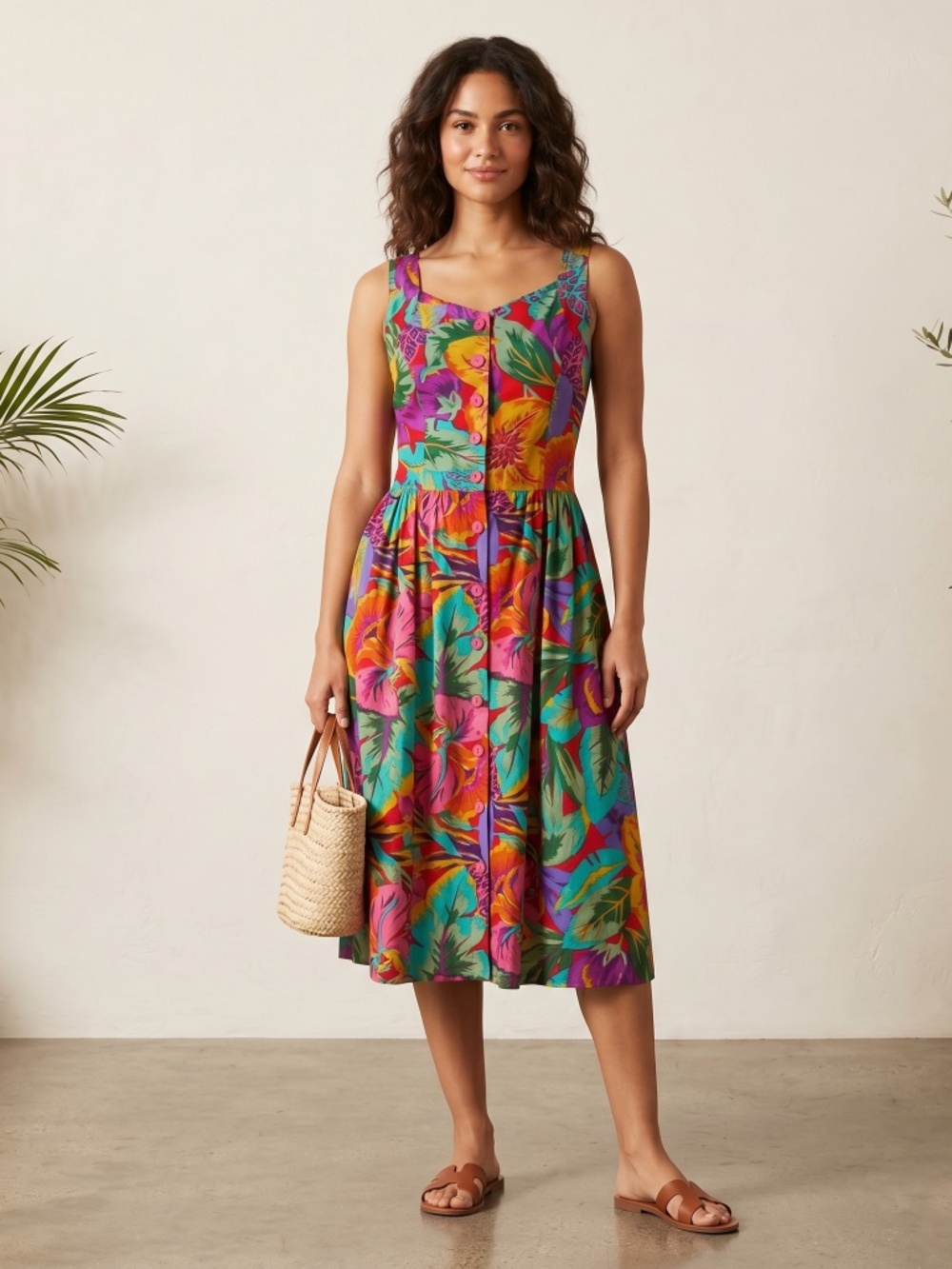 Vintage 1980s cotton Floral Multicolor button front Sleeveless Dress medium